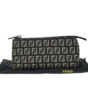 FENDI Logo Zucchino Pouch Hand Bag Canvas Leather Brown Silver 38KB202
